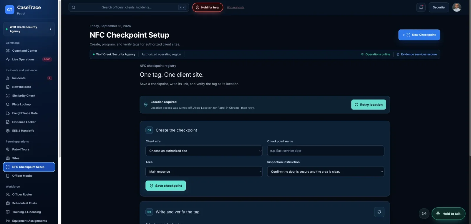 CaseTrace Patrol desktop portal: NFC Checkpoint Setup, creating a checkpoint, writing the tag and verifying it at its location.
