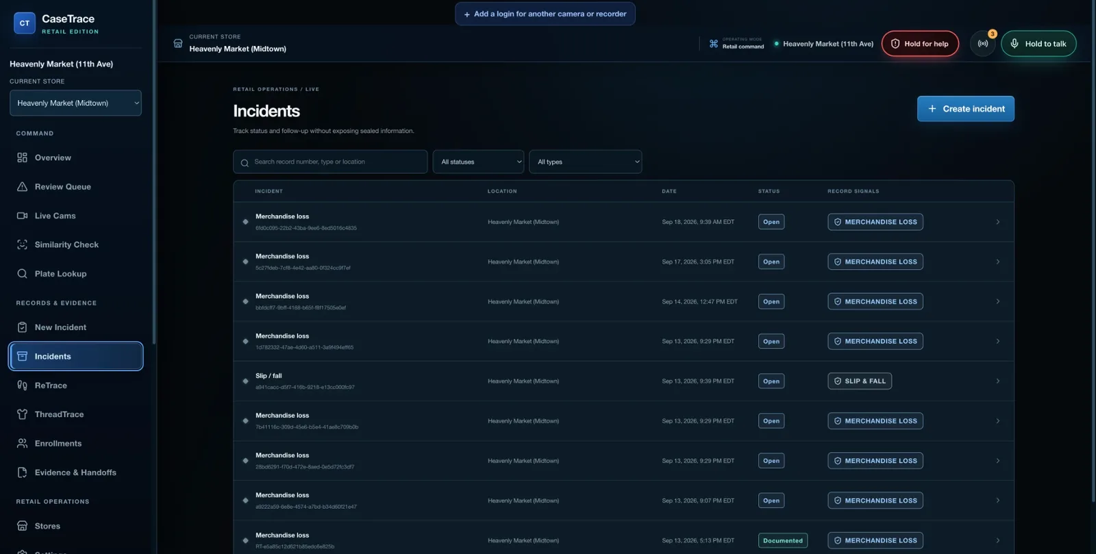 CaseTrace Retail desktop portal: the incident list with record numbers, types, status and follow-up.