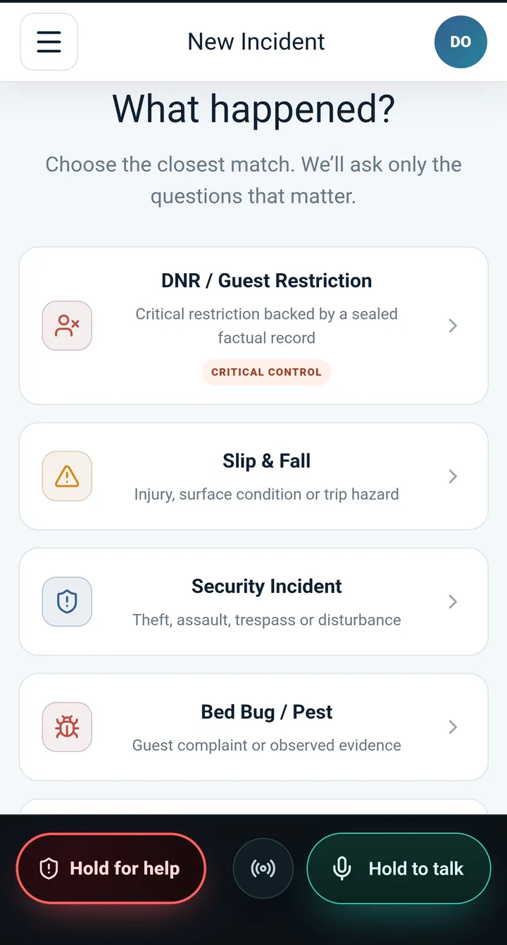 CaseTrace Hospitality mobile app: New Incident, choosing the closest type before the guided questions.