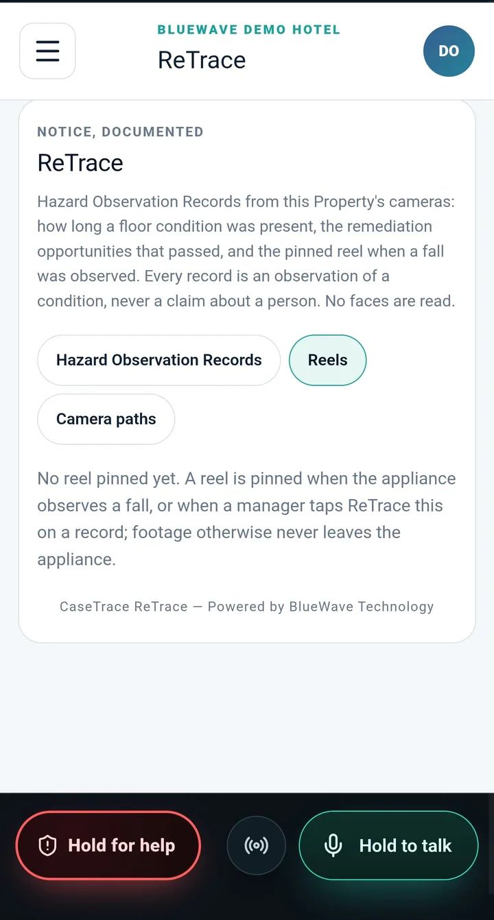 CaseTrace Hospitality mobile app: ReTrace hazard observation records from the property cameras.