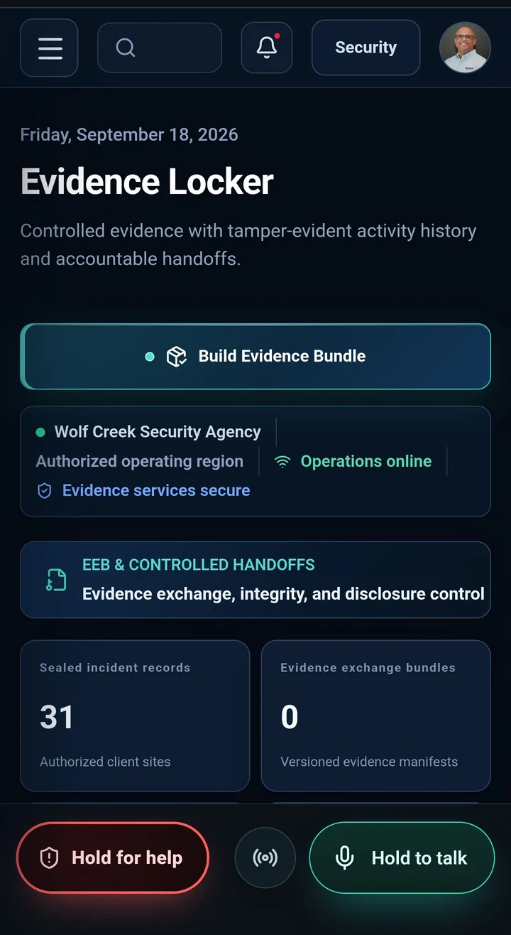 CaseTrace Patrol mobile app: Evidence Locker with sealed incident records, evidence exchange bundles and controlled handoffs.